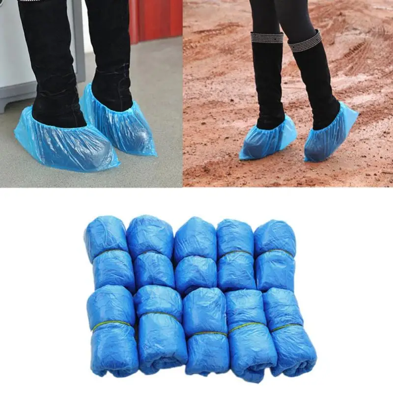 100*Disposable Plastic Blue Waterproof Shoe Covers Cleaning Overshoes Protective