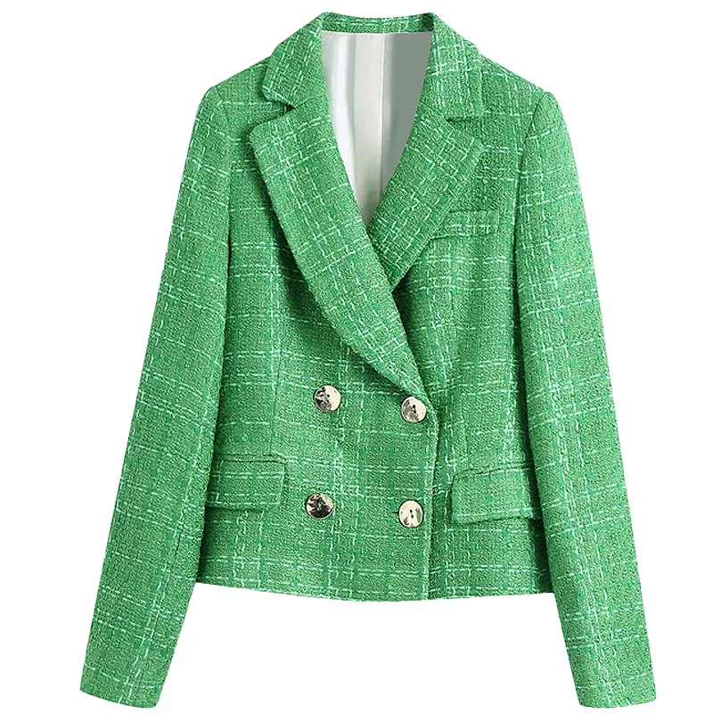Simple Green Plaid Tweed Suit Set Fitted Blazers Female England Style