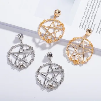 

Simple Hollow Pentagram Star Pearl Dangle Earrings for Women Korea Style Round Hoop Earrings Statement Party Jewelry