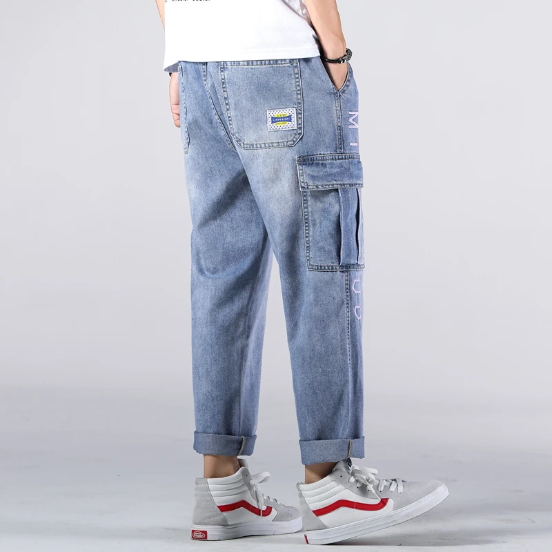 Black Friday Large size men's Overalls Ankle pants jeans pants obesity jeans stretch blue large 6XL 7XL Man trousers Comfortable Drawstring