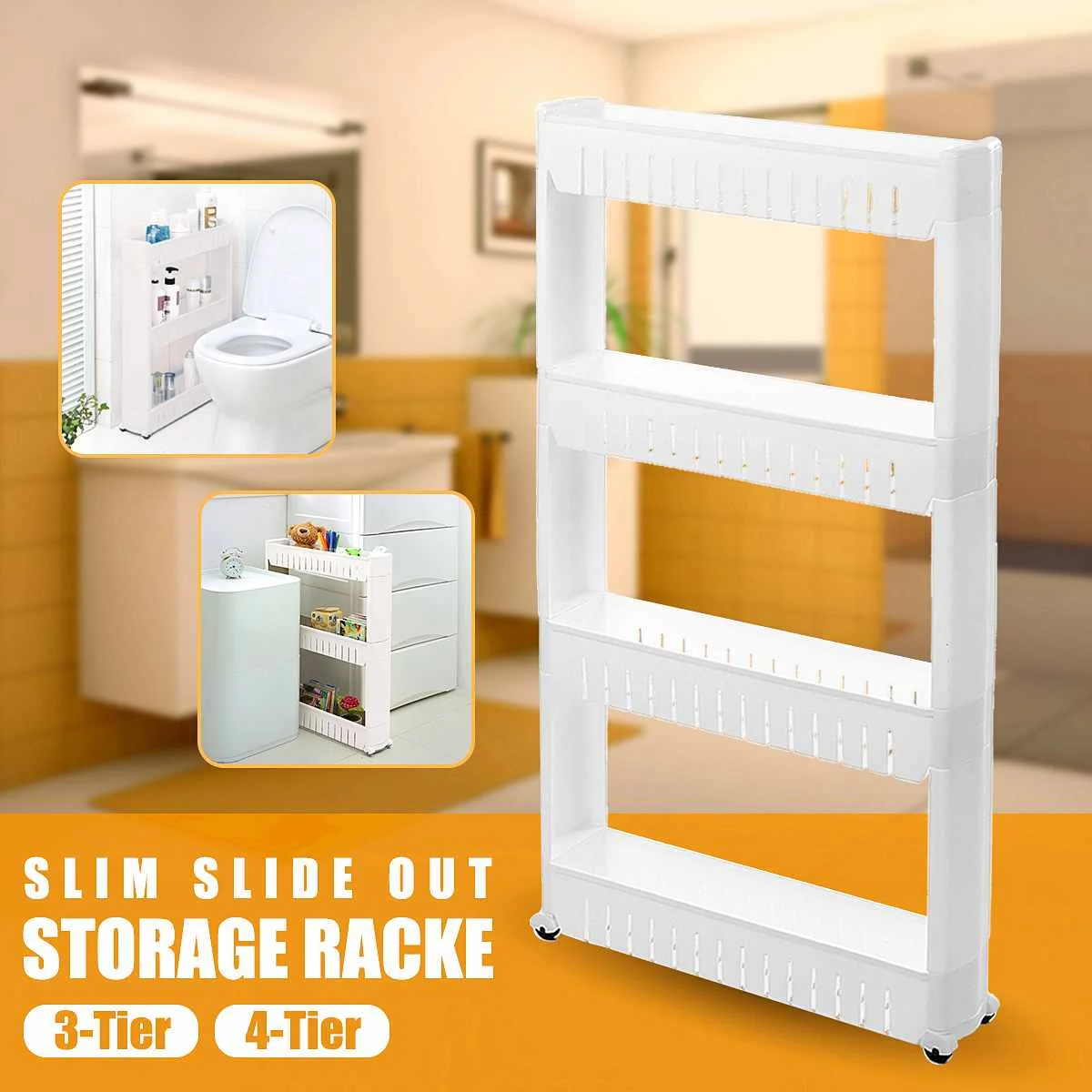 

3/4 Tier Kitchen Trolley Rack Slim Slide Out Home Storage Holder Shelf Rack Kitchen Bathroom Cart Home Organizer With Wheels