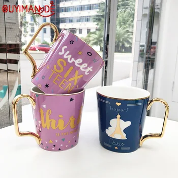

Fashion Light Luxury Drawing Gold Handle Retro Ceramic Cup Creative Business Office Coffee Cup Water Cup Small Fresh Student Cup