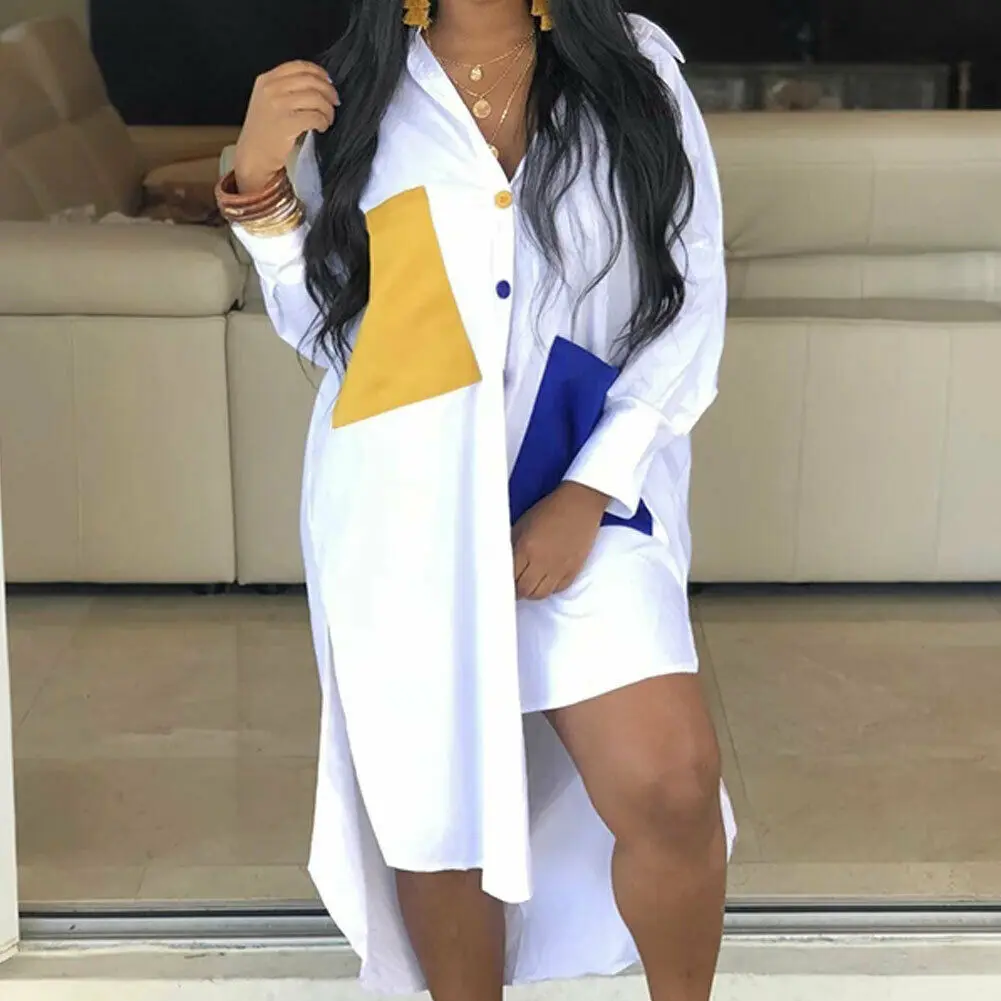 

Sexy Women Long Oversize FashionBlouse Sleeve Side Slit Patchwork Loose Single-breasted Patchwork Irregular Long Shirt Dress
