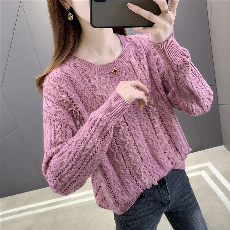 

Room 195436 7 row under 4 】 make pure color round collar hollow lace pullovers 49