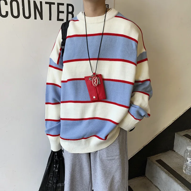 Winter Thick Striped Sweater Men Warm Fashion Contrast Color Casual Knitted Pullover Mens Loose Sweater Male 3