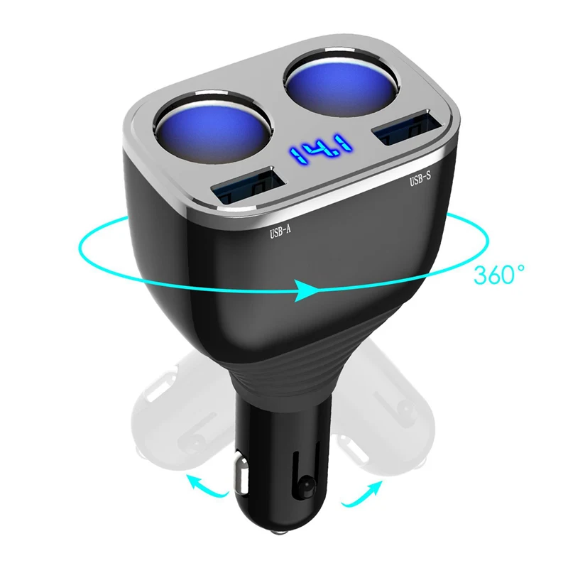 Car Charger 2-Socket Cigarette Lighter Adapter Socket Splitter Separate Switch 12/24V 80W with LED Battery Voltage Display Dual