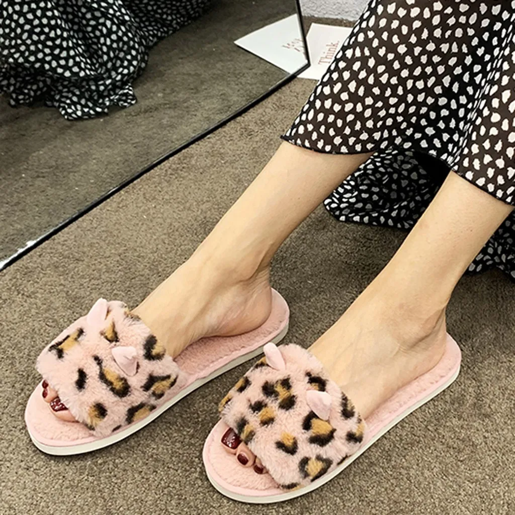 

Leopard cat ear slip indoor cotton slippers Home Flock Solid Short Plush Flat with slippers Slip-On Sole Women Snow Slippers #T
