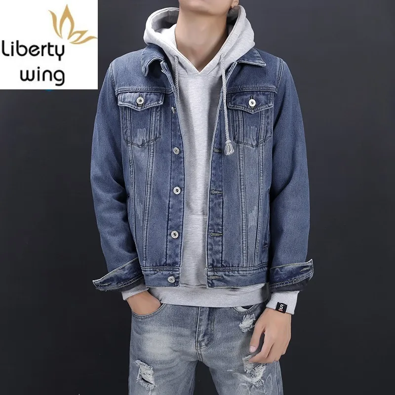 Winter Long Sleeve Single Breasted Fur Collar Mens Denim Jackets Thick Warm Soft Wool Liner
