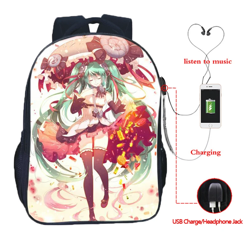 

VOCALOID Hatsune Miku USB Charging Backpack Hot Sale Top Fashion Quality Travel Rucksack Students Boys Girls School Bag