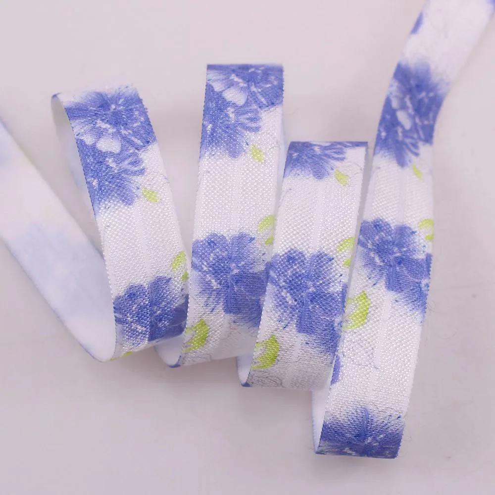 

5/8 Inch 15mm Heat Transfer Purple Flowers Print FOE Fold Over Elastic Ribbon For Girls Headbands 100Yards