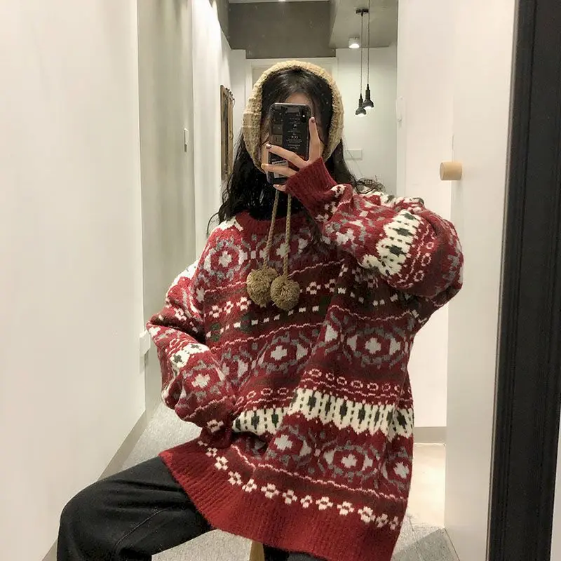 

Christmas Women Outer Wear Pullover Sweater 2020 autumn winter clothes loose New Red jacquard Warm Family Portrait Couple SUIT