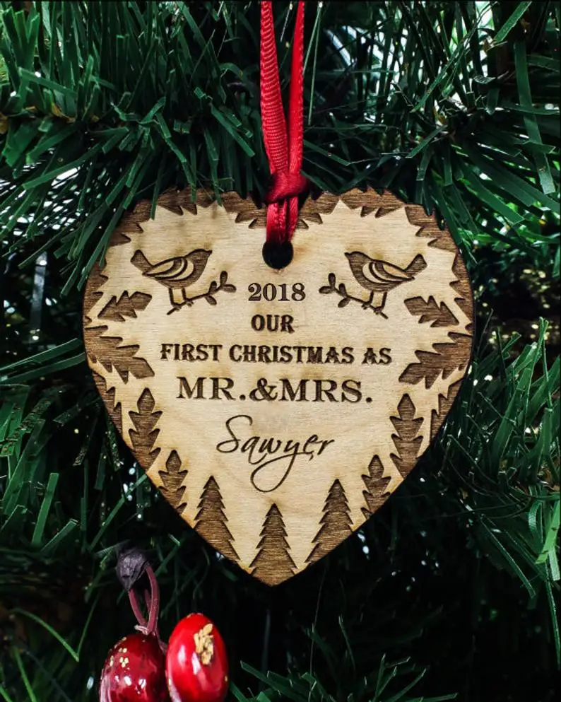 

Personalized Wooden Ornament, Rustic heart Christmas Ornament,2019 Christmas gift tags,First Christmas,Married Gift