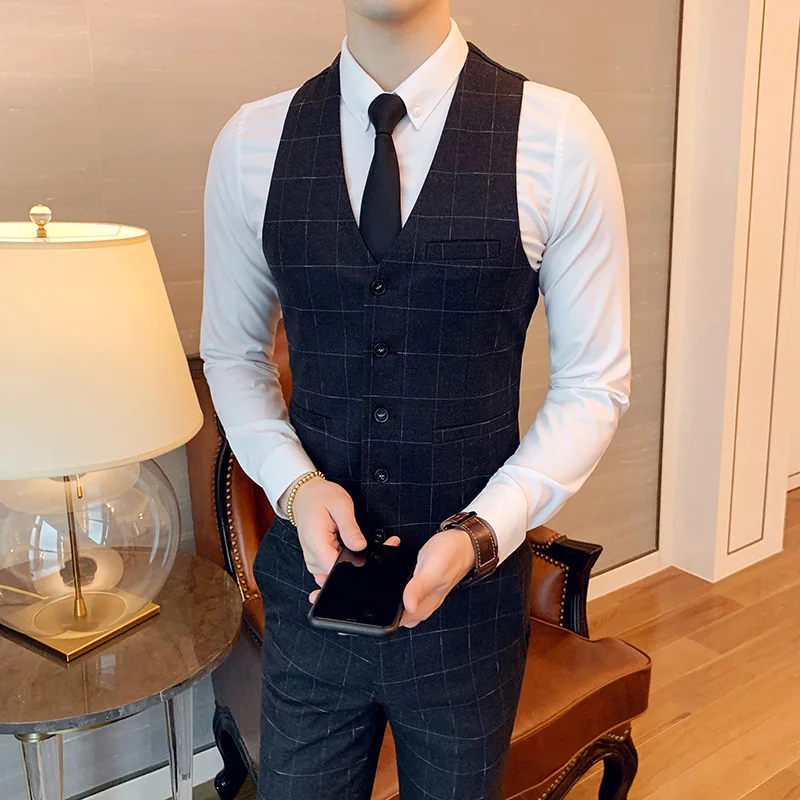 Small Suit Waistcoat Men Spring And Autumn Business Casual Vest Suit Korean-style Slim Fit Plaid Handsome Fashion Vest