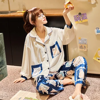 

New Autumn Winter Sleepwear 2 Piece Sets For Women's Cotton Pajamas Turn-down Collar Homewear Large Size Pijama Pyjama XXL