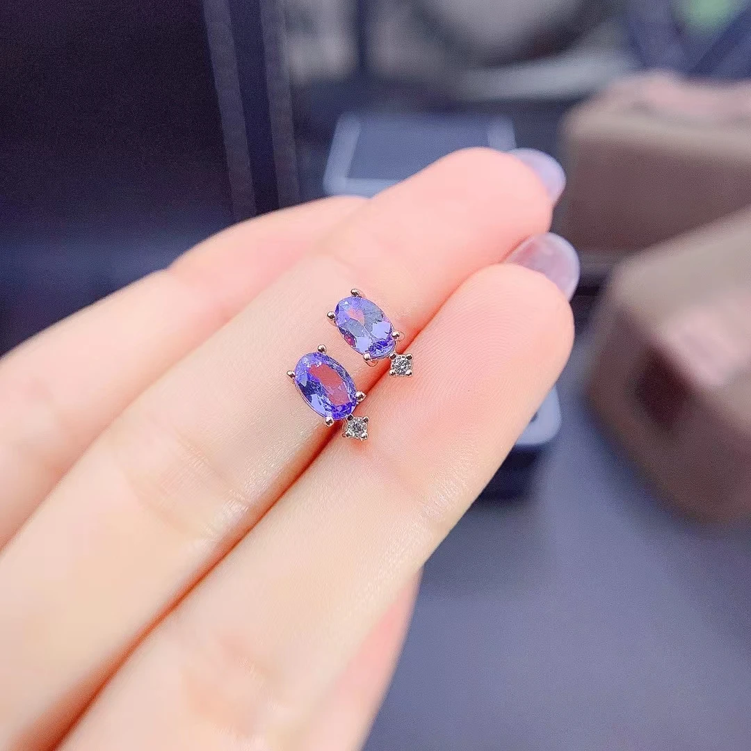 Fine Jewelry 925 Sterling Silver Inset With Natural Gem Women's Luxury Vintage Oval Tanzanite Earrings Ear Stud Support Detectio