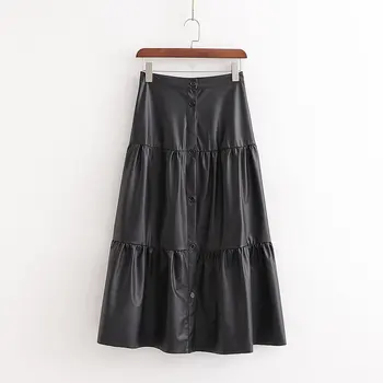 

womens chic black PU leather midi skirt 2020 fashion new female buttons high waist basic female casual mid calf stylish skirts