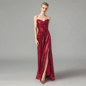 

Alagirls Sexy Sweetheart Burgundy Evening Dresses 2020 Simple Sequins Formal Party Dresses Floor Length Slit Prom Dresses