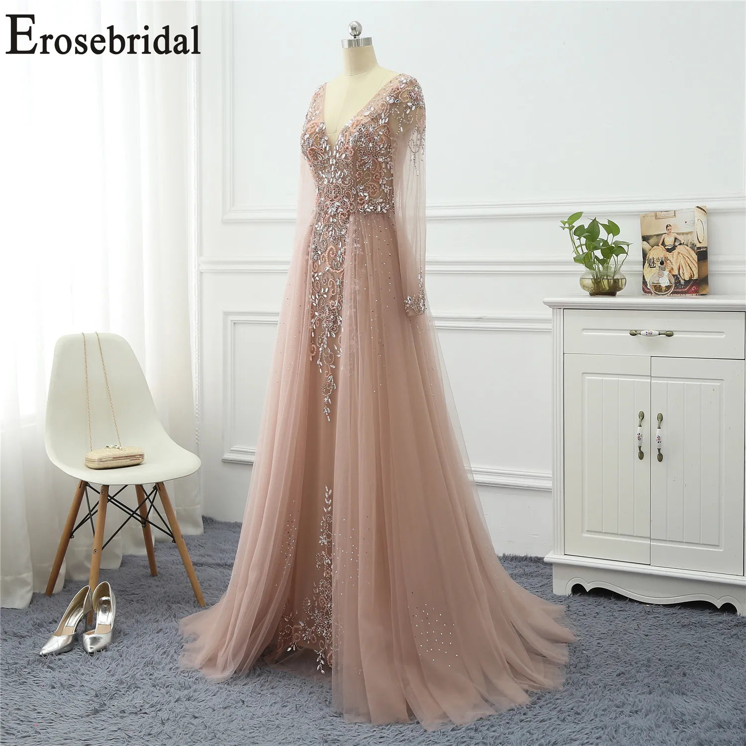 Online Erosebridal Perlen Elegante Abendkleid Lange 2019 Langarm Formale Kleider Abendkleider für Frauen mit Zug