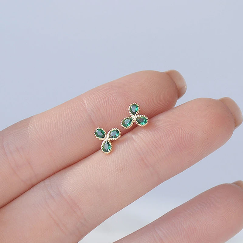 Elegant Tiny Green Crystal 3 Leaves Earrings for Women Feminia Korean 14K Real Gold Stud Earrings Wedding Engagement Accessories - Image 3