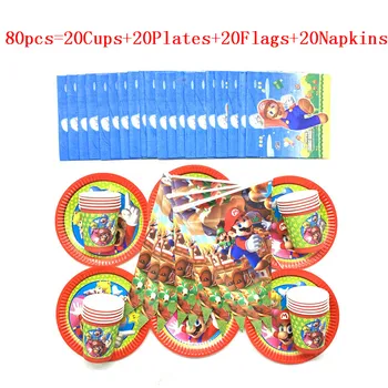 

50/80Pcs Disposable Tableware Sets Cup Plate Flag Cartoon Super Mario Bros Baby Shower Kid Birthday Banners Decoration Supplies