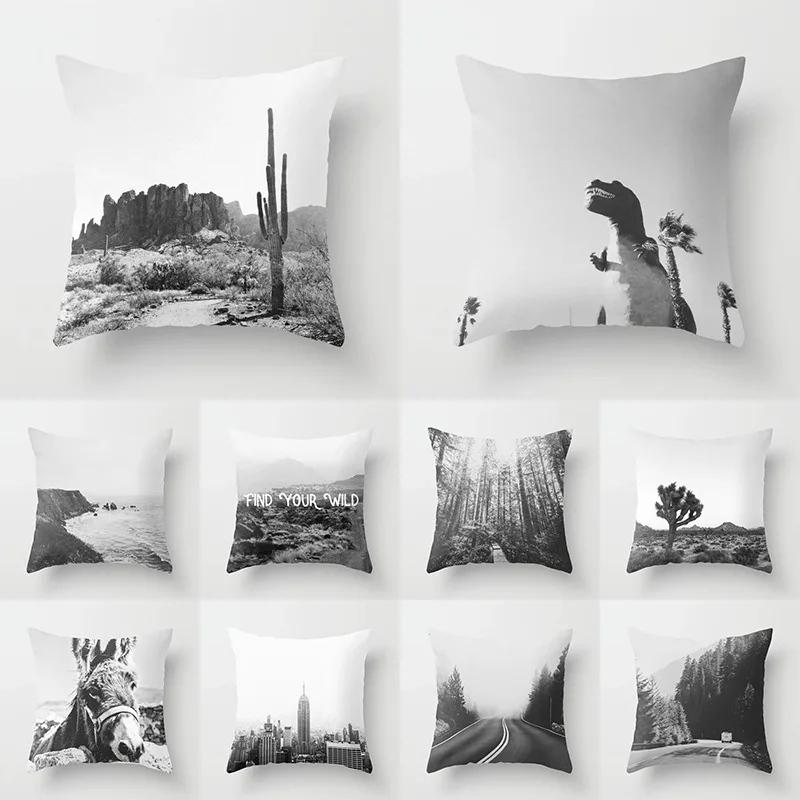 Односторонняя печать Ретро абстрактный серый чехол для подушки черно-белый пейзаж Альпака подушка с лошадью чехол для дивана украшение дома