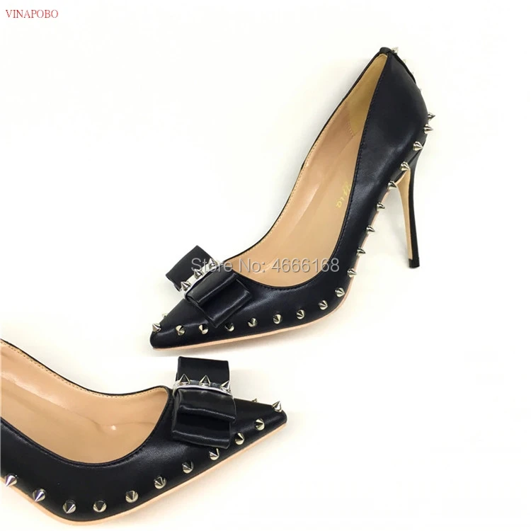black rivet bow-knot high heels patent PU leather high heel women's shoes 10cm 12cm wedding shoes woman Party shoes bridal shoe