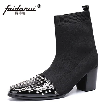 

Plus Size Elegant Man High Heels Pointed Toe Spiked Riding Shoes Patent Leather Studded Men's Punk Club Ankle Boots SL616