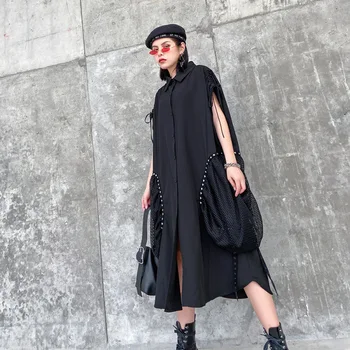 

Short Sleeve Solid Color Shirt Women's 2020 Summer Retro Single Breasted Lapel Shirt Splicing Large Pocket Loose Long Dress