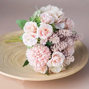 

1 Bunch Artificial Flower Nordic Wedding Bride Silk Flowers Spike Simulation Vanilla Rose Hydrangea Bud Peony Pompom Bouque Z2N0