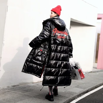 

Fluffy printed cotton coats Winter street style warm glossy patent cotton coat parkas female thick longer hooded jacket wq2536