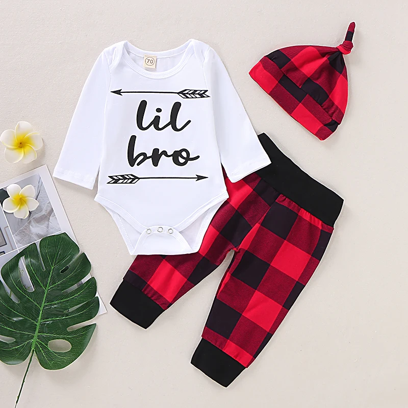 

Children Sets Autumn 2019 Letter Printed Long Sleeve Top + Red Black Plaid Trousers Pants + Hat 3pcs For Kids Baby Boys