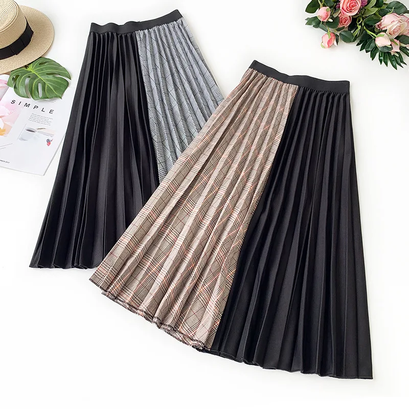

AcFirst Autumn Winter Gray Kahak Women Skirts Fashion Plaid Pleated Color Mid Calf Skirt All-match Clothing Contrast