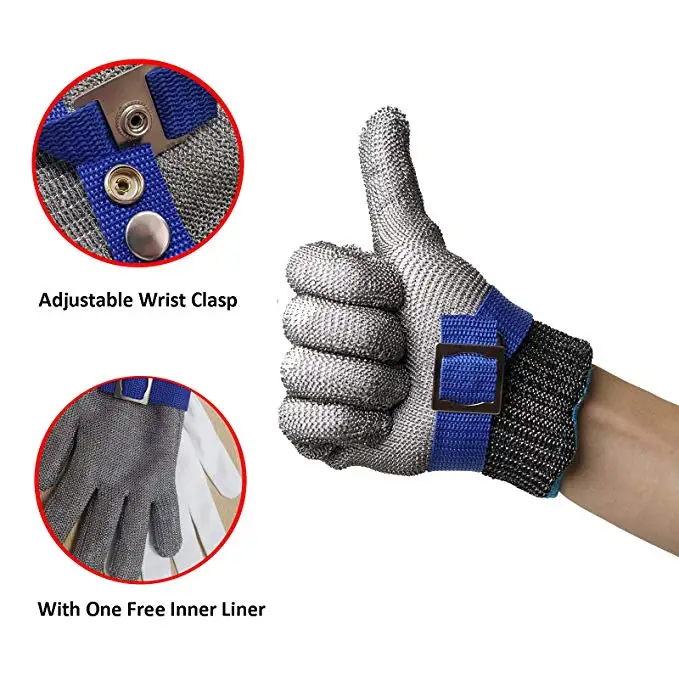 

Blue Safety Cut Proof Stab Resistant Stainless Steel Metal Mesh Butcher Glove High Performance Level 5 Protection