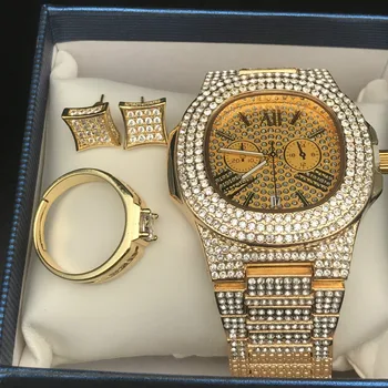 

Luxury Men Ice Out Cuban Watch & Ring & Earring Combo Set Adjustable Rings New Bling Rapper Men Jewelry Hip Hop Jewerly For Men