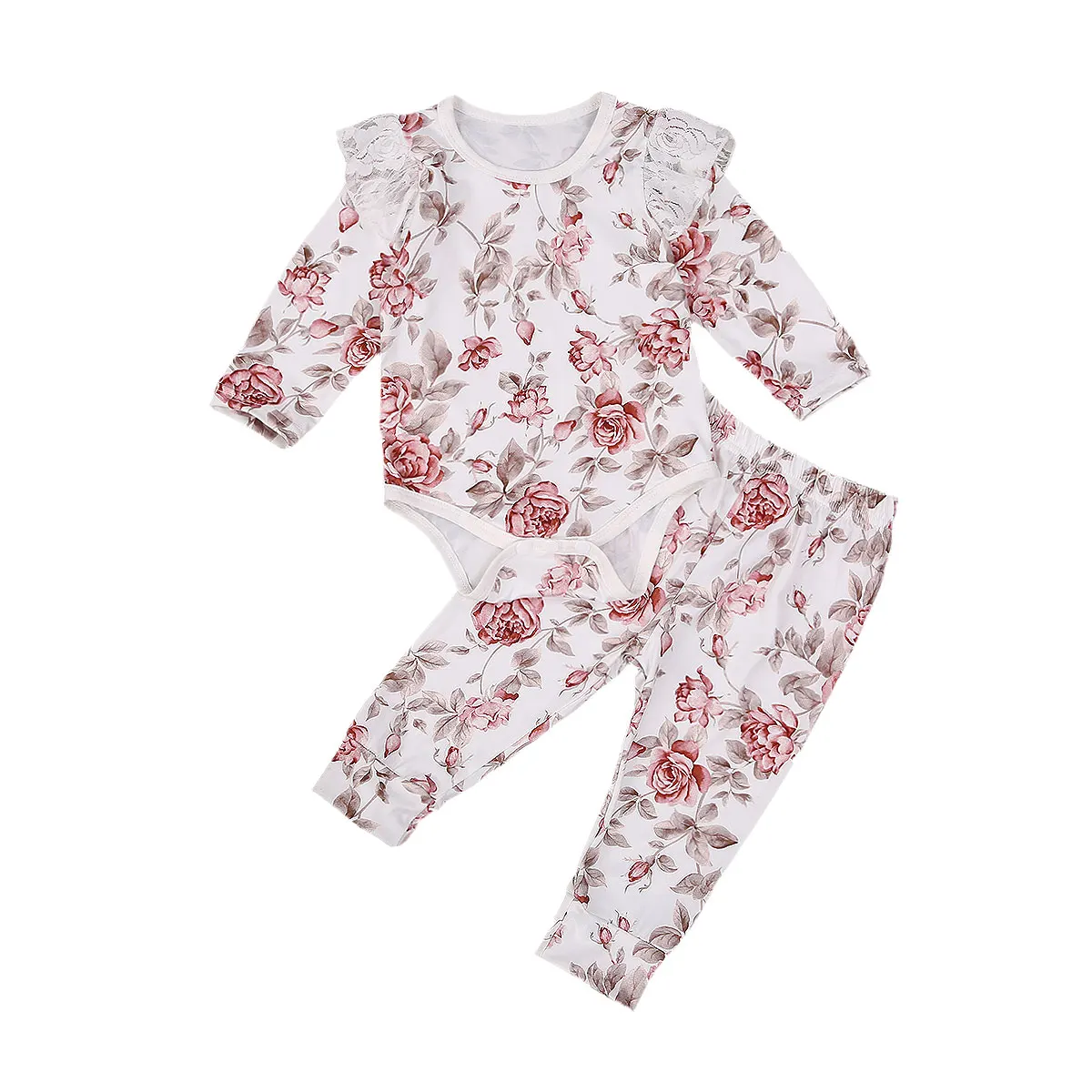 

Pudcoco 2020 Autumn Infant Baby Girls 2Pcs Set Delicate Pink Floral Print Lace Ruffled Long Sleeve Bodysuit+Long Pants