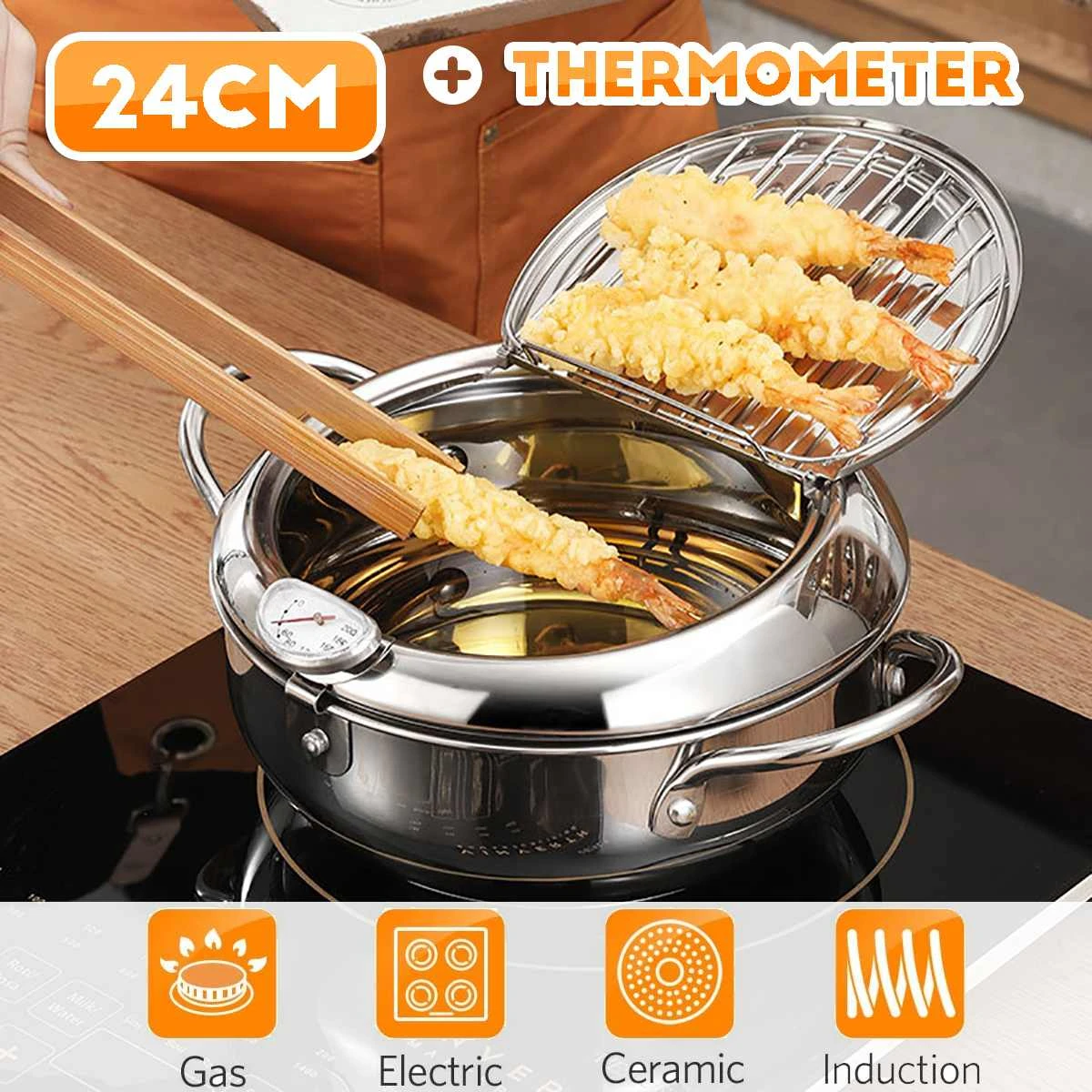 Japanese Style Deep Frying Pot Thermometer Tempura Fryer Pan