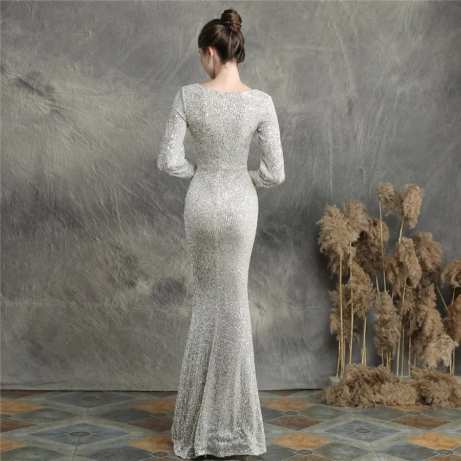 Cena Cekiny kobiety Party Dress DX240 6 2019 nowy Plus rozmiar syrenka sukienka na studniówkę Robe De Soiree Apricot Silver długie rękawy suknia wieczorowa