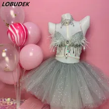 Серебряные стразы, бахрома, бюстгальтер, серая сетка, мини-юбка, 2 шт., сексуальные, вечерние, для бара, дискотеки, танцевальный костюм, певица, танцовщица, сценический наряд