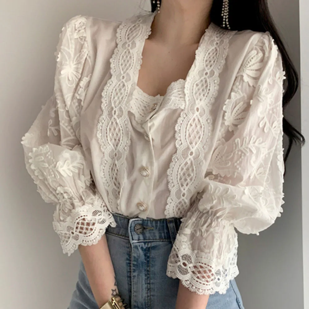 

Korena Sweet Puff Sleeve Blouse 2020 Designer Fashion Spring Autumn Elegant Lace Patchwork Women Shirts Female Tops Work Wear