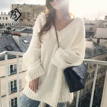 Autumn New Women's Pullovers Sweater Mohair Knitting Hollow Out V-neck Loose Korean Female Casual Fashion Tops T98319D