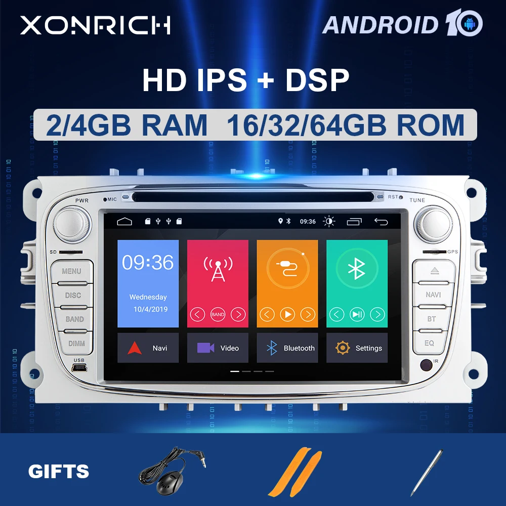 Автомагнитола 2DIN 4 + 64 ГБ Android 10 8 ядер IPS DSP для Ford Focus 2 3 mk2 Mondeo Kuga Fiesta Transit Connect S-MAXC-MAX |