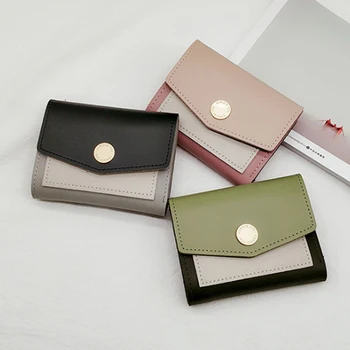 

2020 Vintage Short Ladies Coin Purse PU Leather Korean Stitching Buckle Multifunction Card Package Mini Wallet