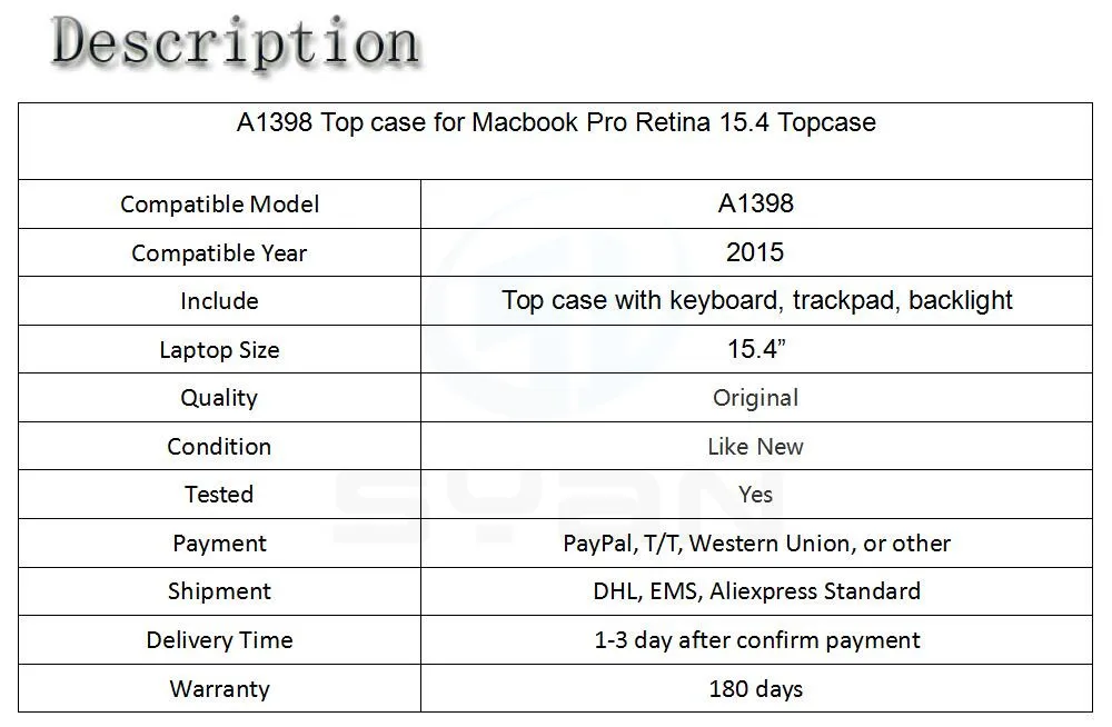 A1398 Топ чехол для Macbook Pro retina 15,4 дюймов Топ чехол с US клавиатура трекпад подсветка