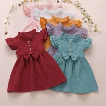 

US Toddler Infant Baby Girl 1T-6T Fly Sleeve Dress Solid Bow Princess Clothes Dress
