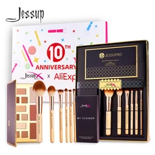 Jessup kit de maquillage cadeau Combo pour un usage quotidien comprend 6 pièces bambou brosse ensemble & fard à paupières Palette & brosse nettoyant papier sac poignée