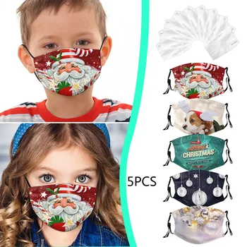 

5pcs Christmas print Warm Mask Earmuffs Children's Cold Warm Reusable Printed Face Mask Unisex Windproof Masque Facial Mask