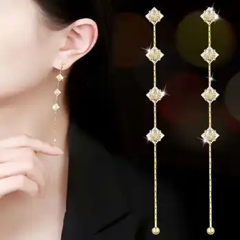 

Long Zircon Tassel Earring 925 Sterling Needle Ear Stud South Korea Versatile Simple Elegant Elegant Anti-Allergy Earrings