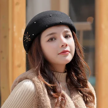 

100% Wool Beret Hat For Women Rhinestone Winter Warm Caps French Artist Felt Hats Beanie Lady Baret Pearl Boina Hats Fedoras