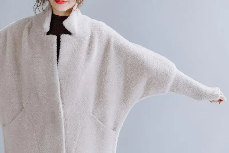 Зимнее Фланелевое пальто размера плюс из искусственного меха, Длинная женская куртка, теплые меховые пальто, куртки, женская верхняя одежда, фиолетовый вязаный кардиган