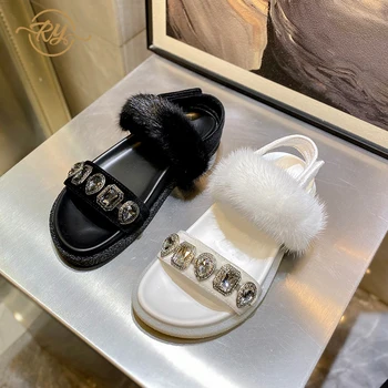 

RY-RELAA women sandals fashion Genuine Leather Rhinestones flat sandals ins luxury shoes women summer shoes platform sandal tide